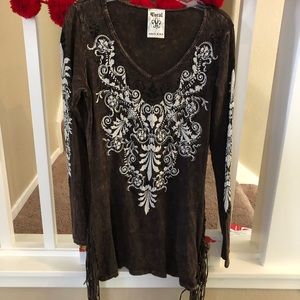 Women’s Vocal rhinestone fringe long sleeve shirt